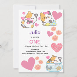 Invitación Cuidado gatito con corazones bebé cumpleaños
