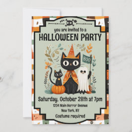 Invitación Cuidado gato negro y fantasma de Halloween Boo