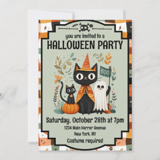 Invitación Cuidado gato negro y fantasma de Halloween Boo