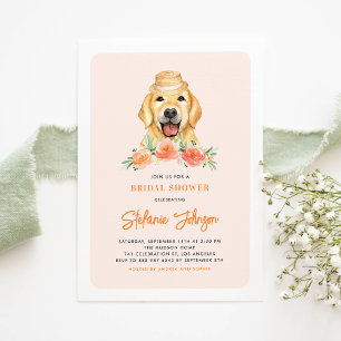 Invitación Cuidado Golden Retriever Peach Floral Bridal Showe
