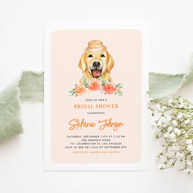 Invitación Cuidado Golden Retriever Peach Floral Bridal Showe (Subido por el creador)