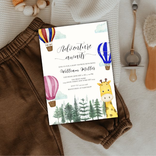 Invitación Cuidado Hot Air Balloon Jungle Giraffe Baby Shower (Cute Hot Air Balloon Jungle Giraffe Baby Shower Invitation)