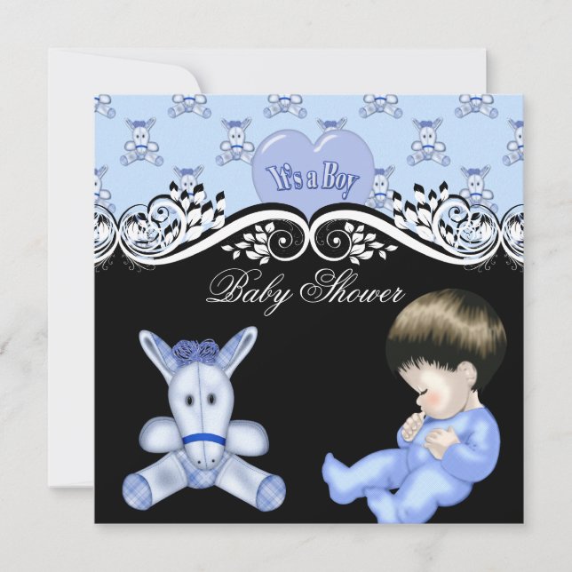 Invitación Cuidado niño Baby Shower bebé azul blanco negro (Anverso)