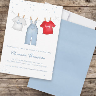 Invitación Cuidado niño bebé Whimsical Denim Blue Clothesline