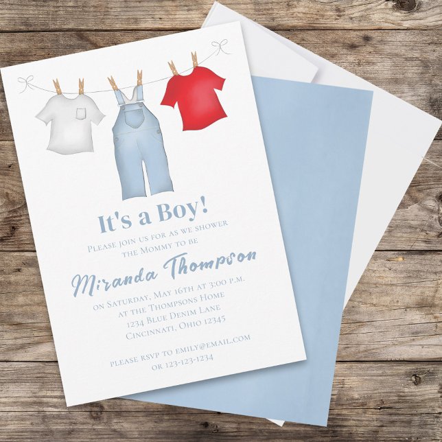 Invitación Cuidado niño bebé Whimsical Denim Blue Clothesline (Subido por el creador)