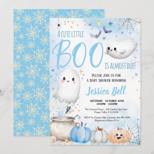 Invitación Cuidado niño pequeño de Halloween Baby Shower Azul (Anverso / Reverso)