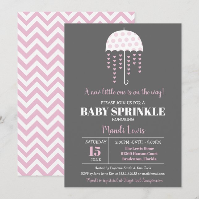 Invitación Cuidado paraguas rosado Baby Sprinkle o Baby Showe (Anverso / Reverso)