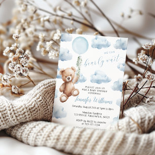 Invitación Cuidado Teddy Bear Azul Balón Bebé Ducha