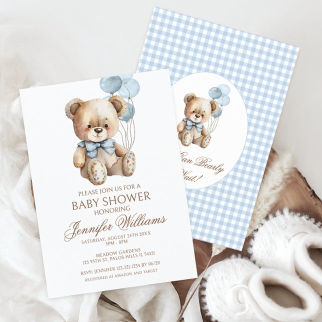 Invitación Cuidado Teddy Bear Bow Balloon Baby Boy Shower (Subido por el creador)