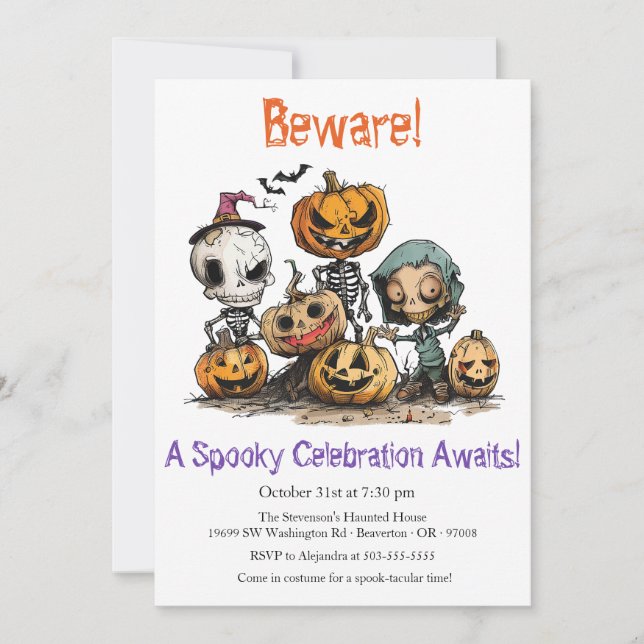 Invitación "¡Cuidado! ¡Una celebración espeluznante espera!"  (Anverso)