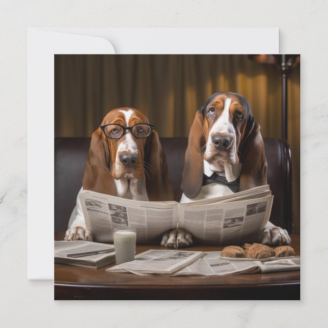 Invitación Cuidados basset hounds leyendo el periódico (Anverso)