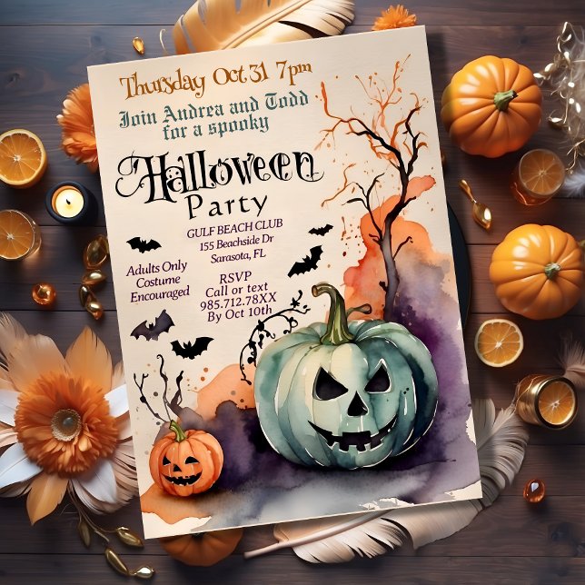 Invitación Cuidados calabazas fiesta acuarela Halloween (Subido por el creador)