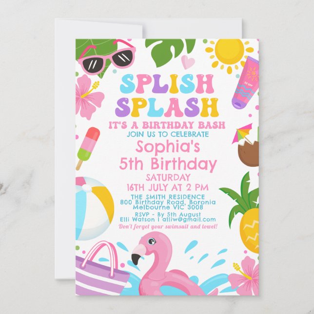 Invitación Cuidados Chicas coloridos Retro Splish Splash Cump (Anverso)