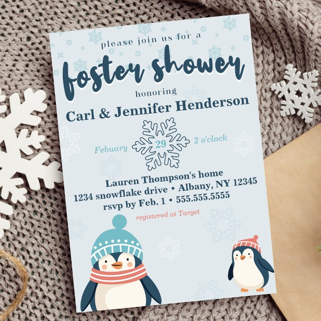 Invitación Cuidados de bebé/ducha para niños con pinguino de  (foster care baby /child shower cute winter snowy penguin design blue gender neutral boy or girl )