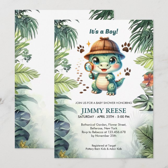 Invitación Cuidados dinosaurios Guay Dino Baby Boy Shower (Anverso / Reverso)
