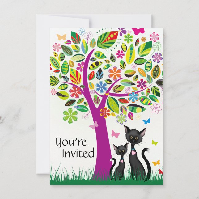Invitación Cuidados gatos negros y Baby Shower de árbol de fl (Anverso)