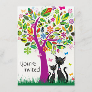 Invitación Cuidados gatos negros y Baby Shower de árbol de fl