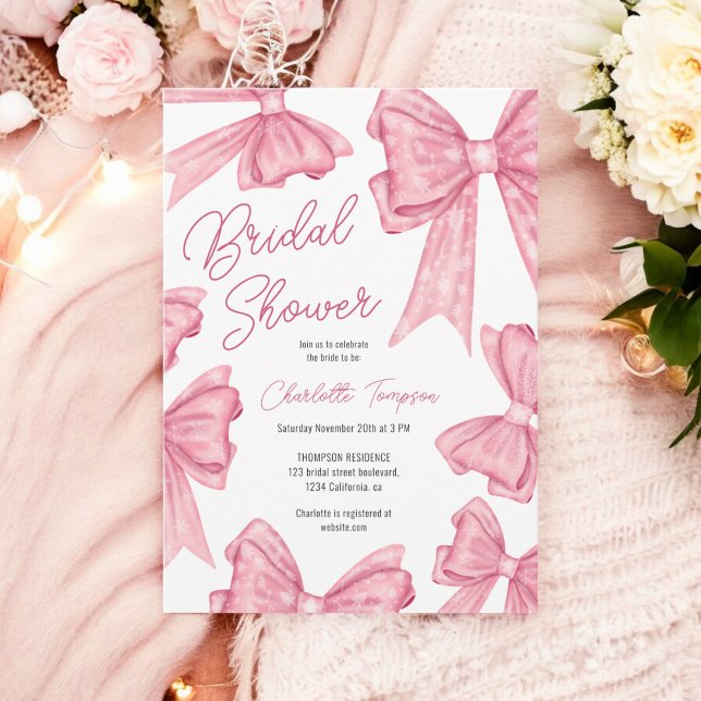 Invitación Cuidados Navidades Coquette Pink Bow Bridal Shower (Cute Christmas Coquette Pink Bow Bridal Shower Invitation)