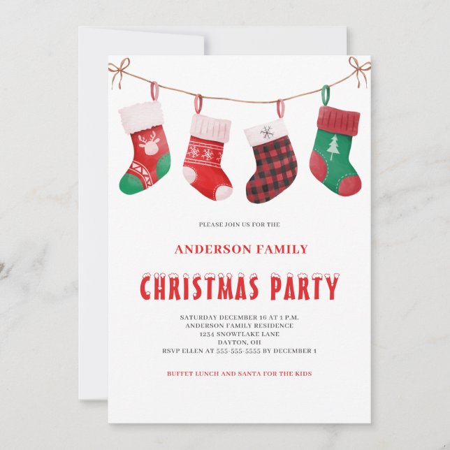 Invitación Cuidados Navidades verdes rojos Stocking Watercolo (Anverso)