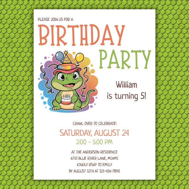 Invitación Cuidados niños coloridos Reptiles Fiesta de cumple (Subido por el creador)