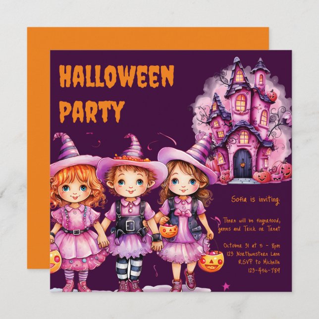 Invitación Cuidados niños de la fiesta de Halloween en rosa y (Anverso / Reverso)