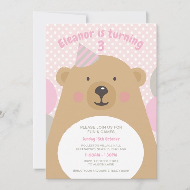 Invitación Cuidadosamente Teddy Bear Birthday Invite (Anverso)