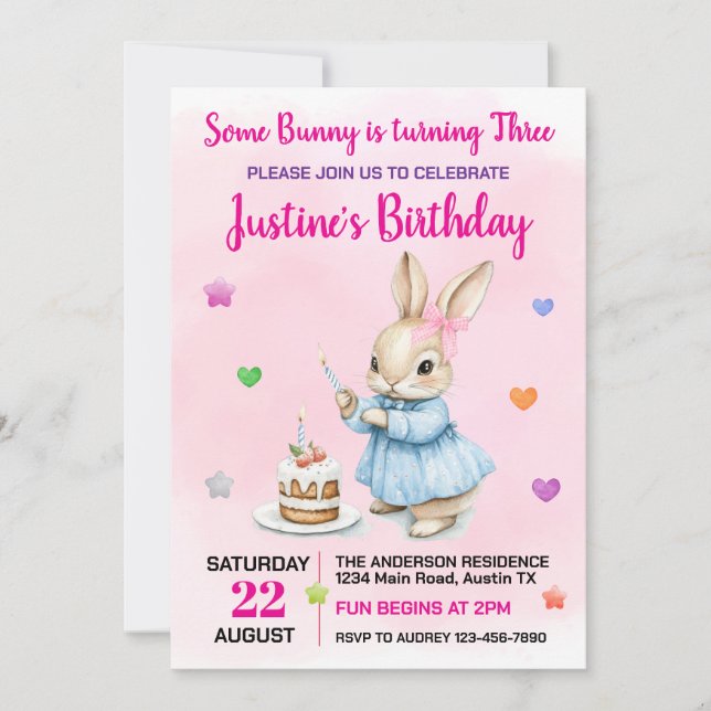 Invitación Cuidar a un conejo cualquier fiesta de cumpleaños  (Anverso)