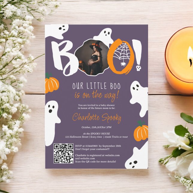 Invitación Cuidar nuestro pequeño boo fantasma foto bebé duch (Cute our little boo ghost purple photo baby shower invitation)