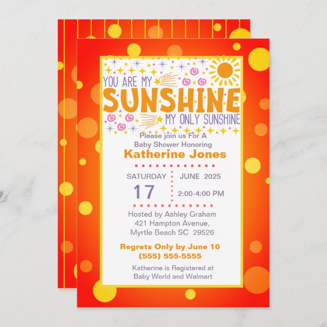 Invitación Cuidate, eres mi Baby Shower Sunshine (Anverso / Reverso)