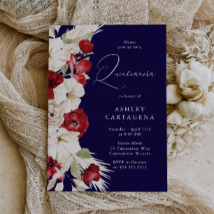 Invitación Cuinceanera floral de color rojo, blanco y azul