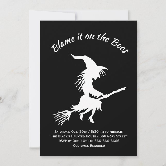 Invitación Culpen a la fiesta de Halloween en blanco y negro (Anverso)