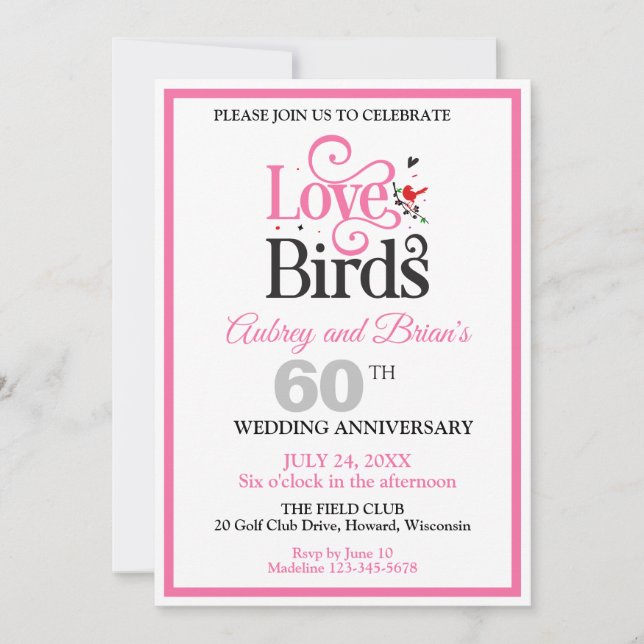 Invitación Cumple 60 Años Amor de Pájaros Personalizado (Anverso)