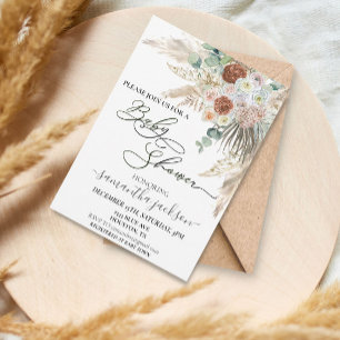 Invitación Cumple de Bebé Pampas Hierba Boho Acuarela
