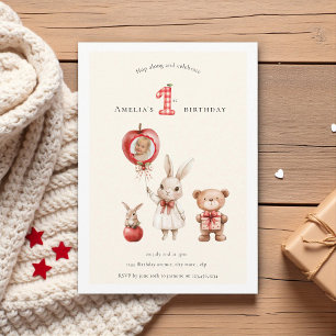 Invitación Cumpleaños "1º" adorable de Bunny Bear con acuarel