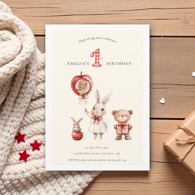 Invitación Cumpleaños "1º" adorable de Bunny Bear con acuarel (Subido por el creador)