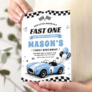 Invitación Cumpleaños 1º Auto de Carreras Azul Vintage