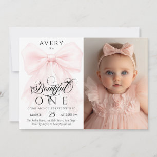Invitación Cumpleaños 1º Bowtiful One Lazo Rosa Bebé Niña