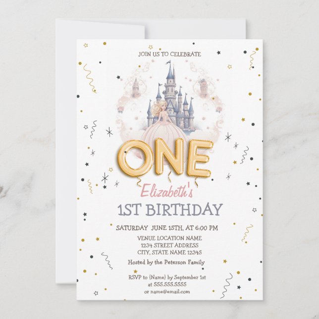 Invitación Cumpleaños 1º Castillo Nubes Princesa Cuento de Ha (Anverso)