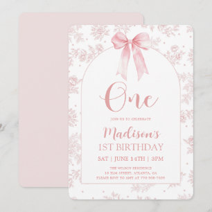 Invitación Cumpleaños 1º con lazo rosa y chinoiserie Toile Fr
