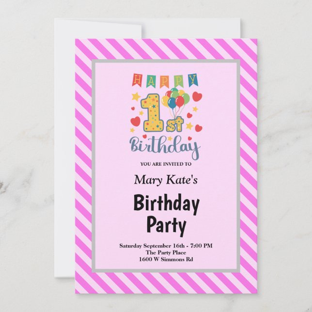 Invitación Cumpleaños 1º con rayas rosadas (Anverso)
