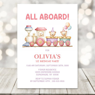 Invitación Cumpleaños 1º Cumpleaños Tren Rosa Lindo Todos a B