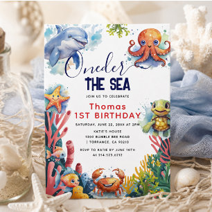 Invitación Cumpleaños 1º Cute Kids Acuarela Bajo el Mar
