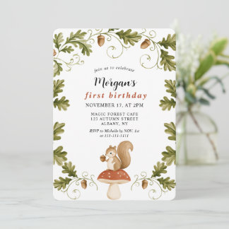 Invitación Cumpleaños 1º Cute Squirrel Bosque Forestal Niños