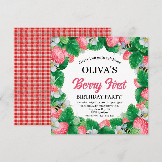 Invitación Cumpleaños 1º de Fresa con Acuarela Berry First (Anverso / Reverso)