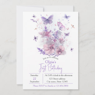 Invitación Cumpleaños 1º de la niña de la mariposa de flores