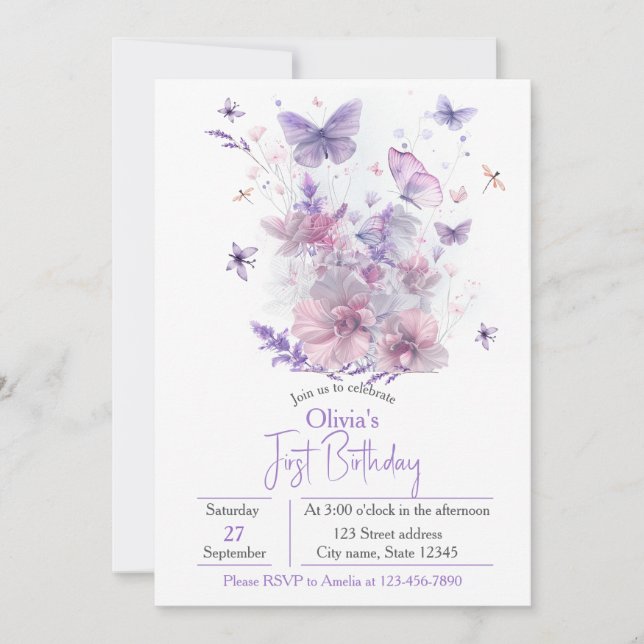 Invitación Cumpleaños 1º de la niña de la mariposa de flores  (Anverso)