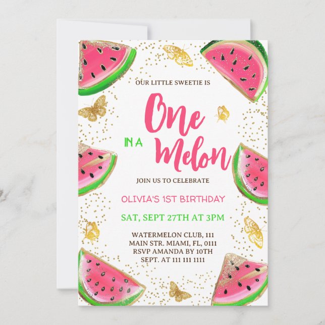 Invitación Cumpleaños 1º de la niña de las mariposas de sandí (Anverso)