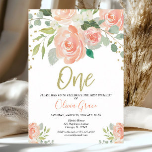 Invitación Cumpleaños 1º de la niña floral coral melocotón