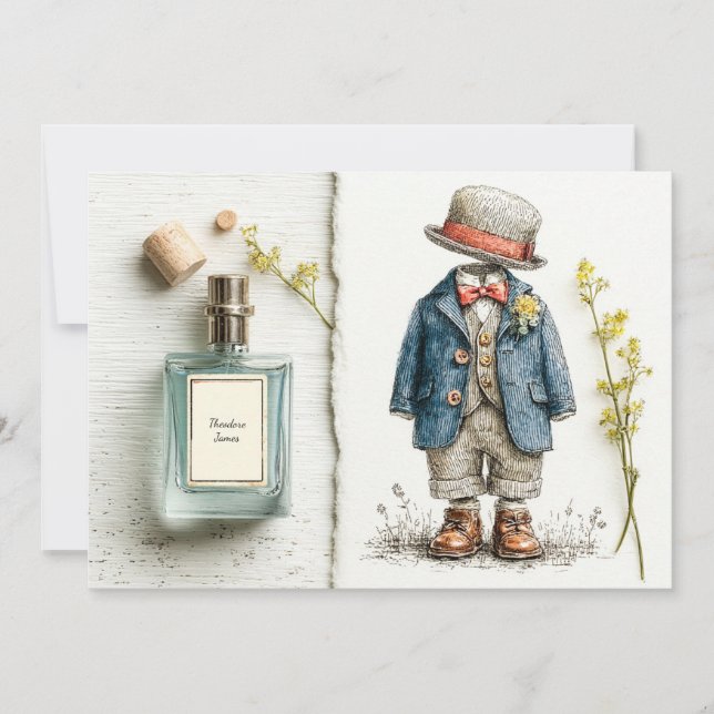 Invitación Cumpleaños 1º del bebé naval y boceto de perfume (Anverso)