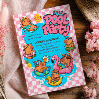 Invitación Cumpleaños 1º del Capybara Pool Party Cuadros Rosa